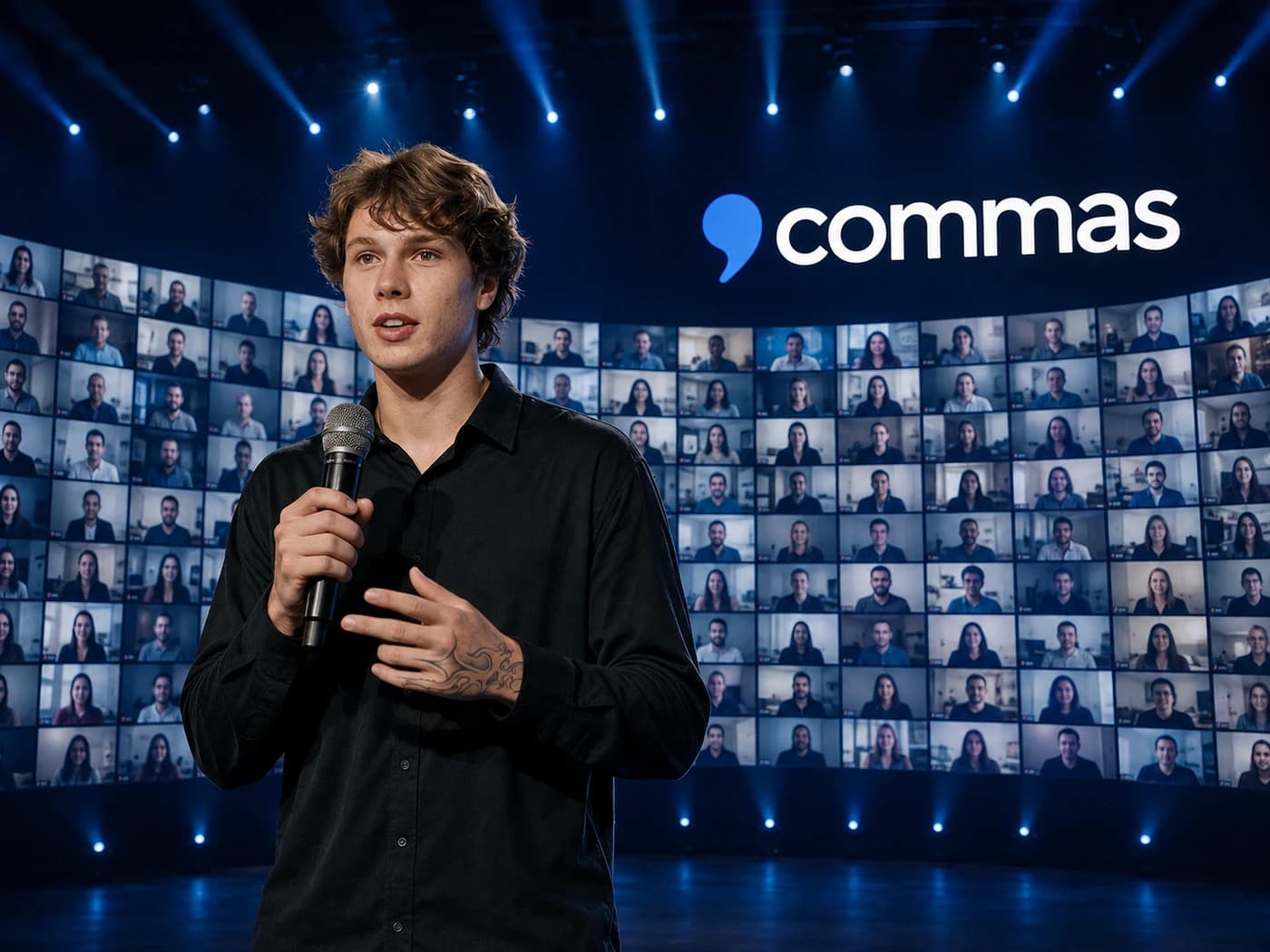 Brez presenting onstage with the Commas logo and a wall of video calls