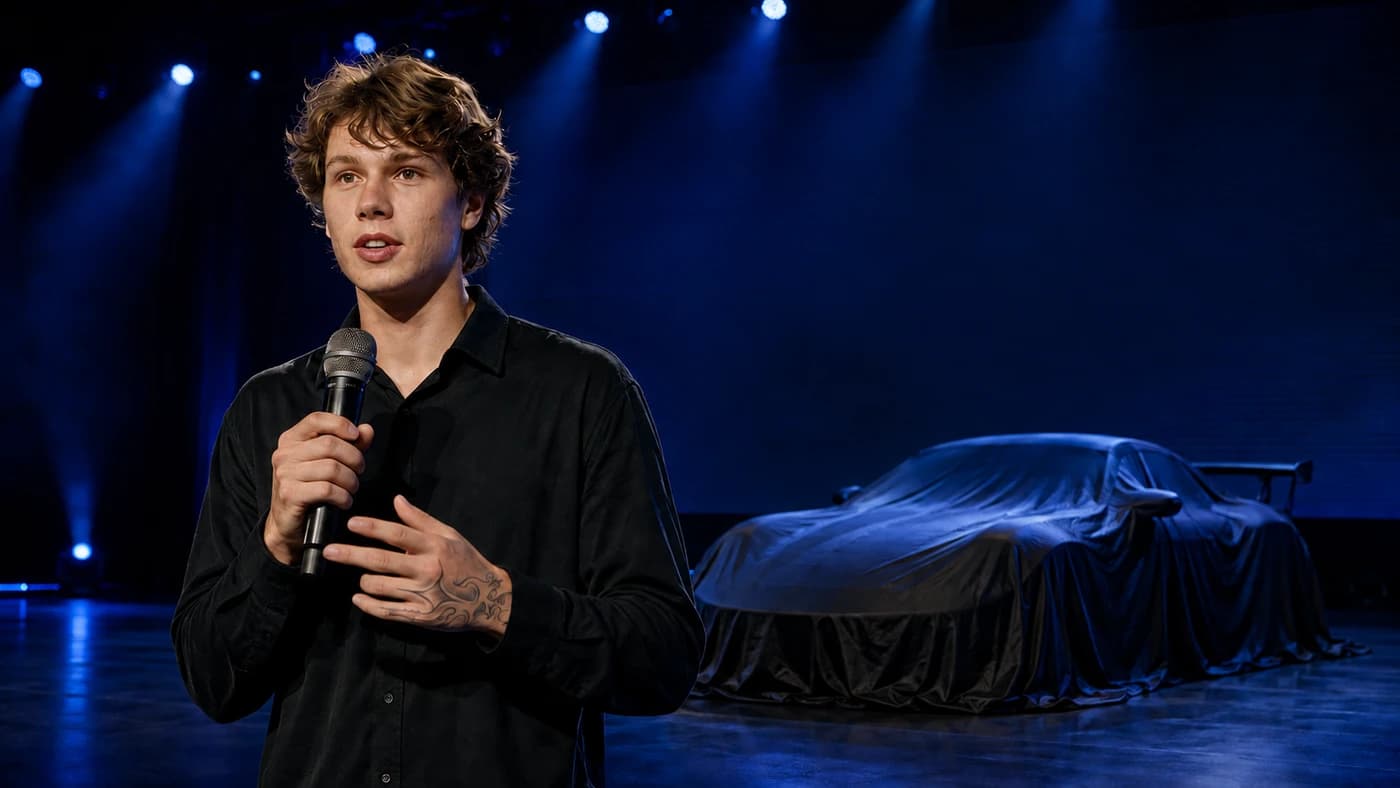 Brez on a blue-lit stage beside a covered car